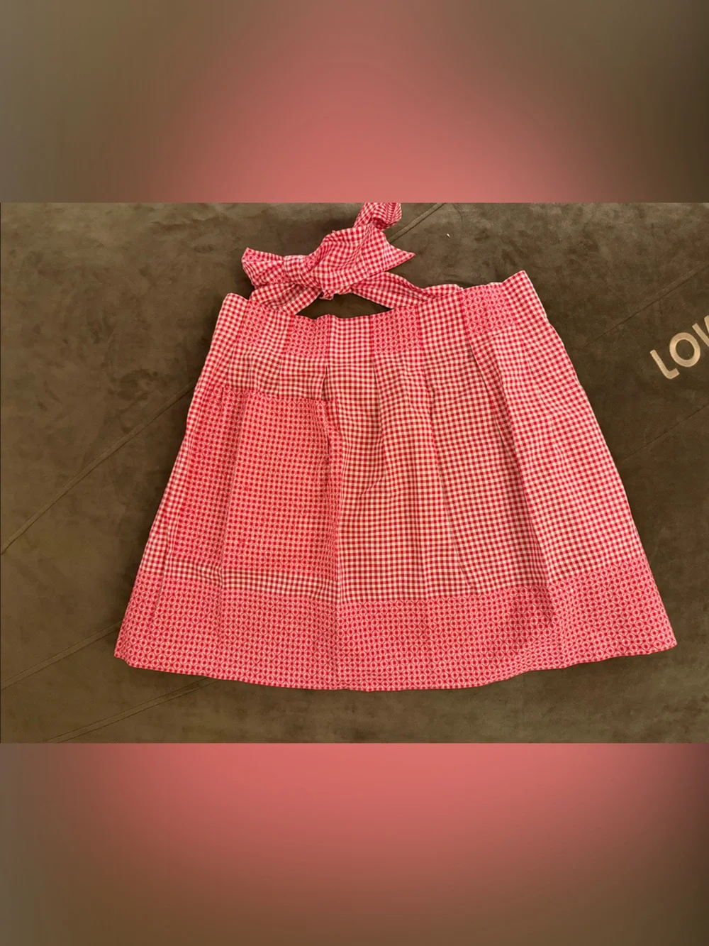 Hand smocked embroidery detail red & white Gingham Apron